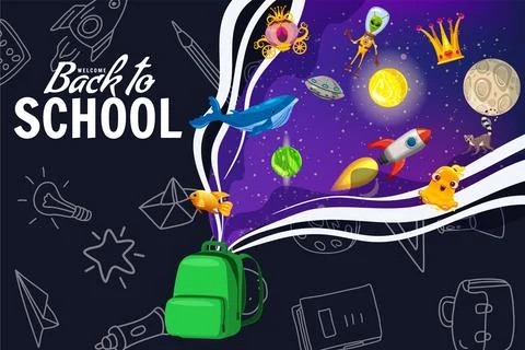 Back to school poster backpack, space imagination, creative concept. Template Stock Illustration