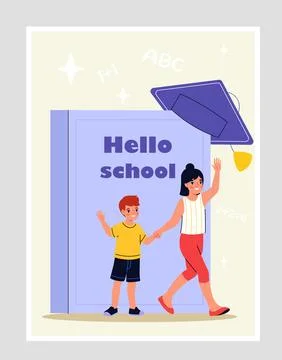 Back to school poster. Boy and girl near huge book. Education, learning and Stock Illustration
