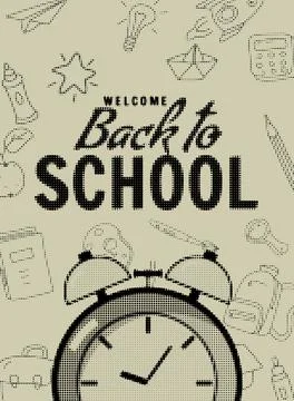 Back to school poster clock alarm clock, retro. Background template Stock Illustration