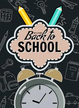 Back to school poster clock alarm clock, retro. Background template Stock Illustration