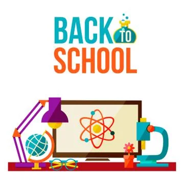 Back to school poster - computer microscope lamp globe glasses イラスト素材