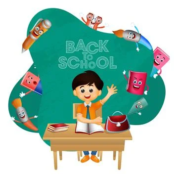 Back to School Poster Design with Cute Student Boy at Classroom Table and C.. Stock Illustration