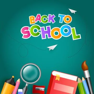 Back To School poster design with flying paper plane and education supplies.. イラスト素材