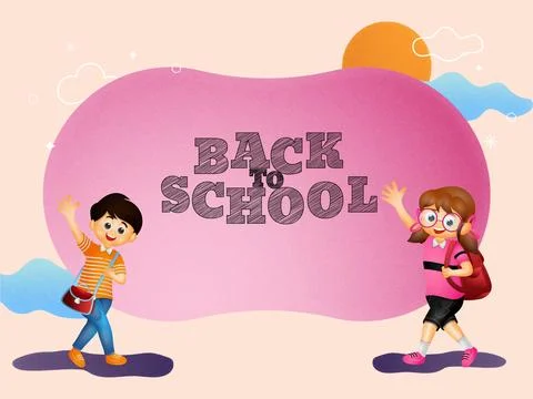 Back to School poster design with student kids saying bye, going to school. Stock Illustration