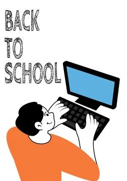 Back to school poster illustration. Vector of a young man studying online o.. Stock Illustration