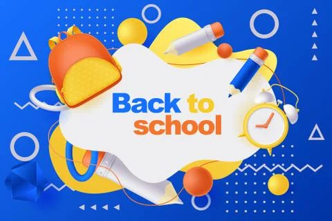 Back to school poster or banner. Vector 3d illustration of backpack, pencils 스톡 일러스트