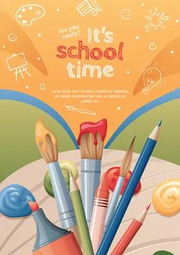 Back to school poster with school items and elements. Colorful background w.. Illustrazione stock