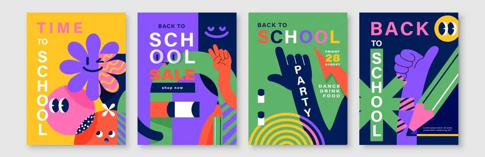 Back to school poster set with abstract geometric shapes and cartoon characte Stock Illustration