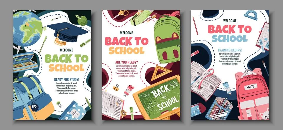 Back to School Poster Set. Banners with Backpack, Books and Stationery in Flat Stock Illustration