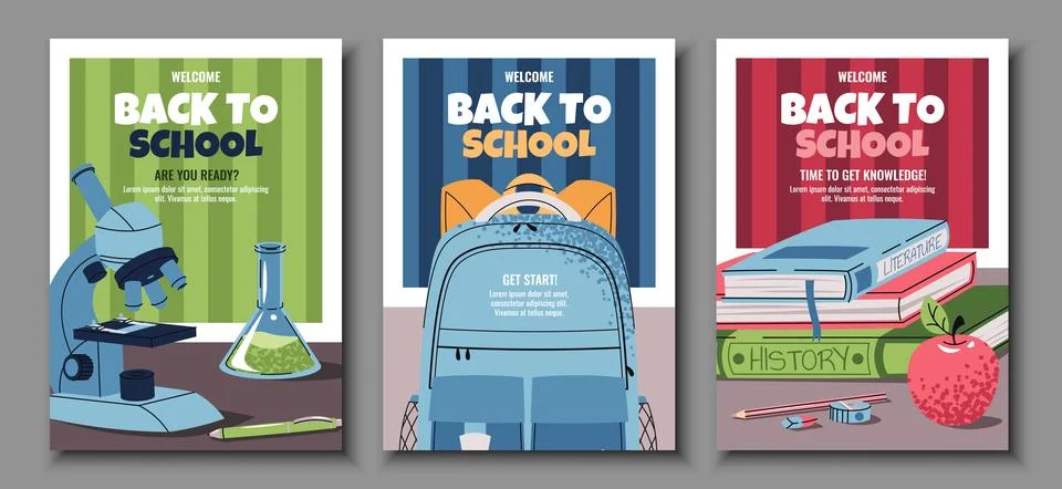 Back to school poster set. Flat Design banners with Backpack, microscope, stack Stock Illustration