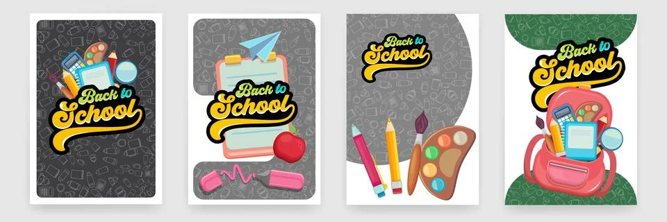 Back to school poster set vector illustration. Vertical banner templates with Stock Illustration