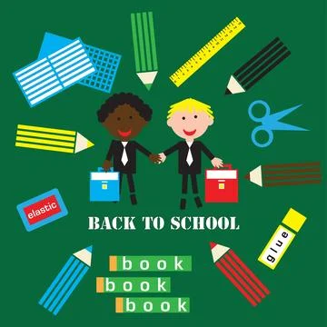 Back to school poster with students and school objects on a green backgroun.. イラスト素材