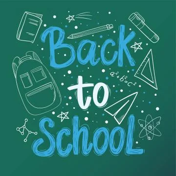 Back to school poster with study supplies in doodle style. Education concept Stock Illustration