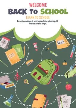 Back to school poster template. Background with backpack, book and school Stock Illustration