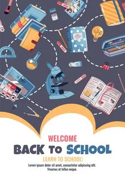 Back to school poster template. Background design with microscope, book and Stock Illustration