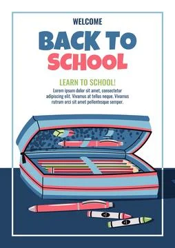 Back to School Poster Template. Colorful Pencil Case with Stationery in Flat Illustrazione stock