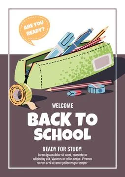Back to School Poster Template. Colorful Pencil Case with Stationery in Flat Stock Illustration
