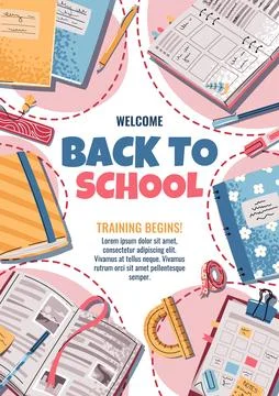 Back to school poster template. Cute school banner with books, textbooks and Stock Illustration
