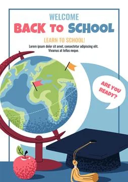 Back to School Poster Template. Cute Banner with globe, academic cap and Apple Stock Illustration