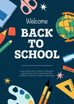 Back to school poster template on dark blue grid background vector illustrati Stock Illustration