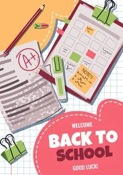 Back to School Poster Template. Exam Preparation Flat Design. Tablet with Notes Stock Illustration
