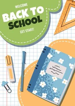 Back to School Poster Template. Notebook and Stationery in flat style Stock Illustration
