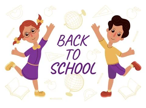 Back to school poster template with two dancing children Stock Illustration