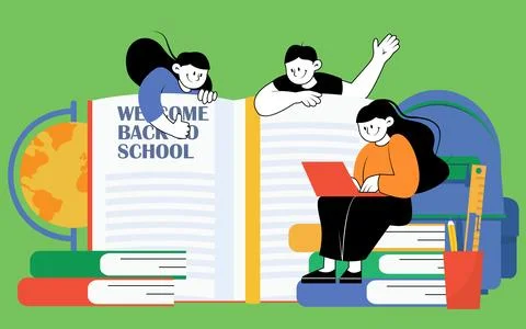 Back to school poster vector. Happy students reading books Stock Illustration