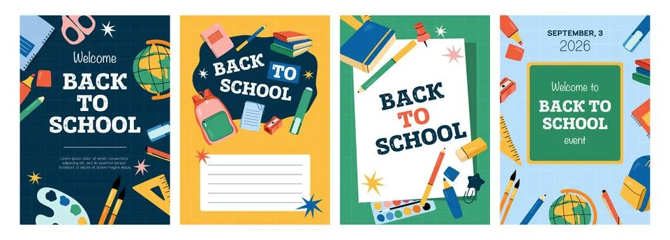 Back to school posters set with school supplies banner template vector flat.. Stock Illustration