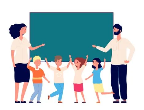 Back to school. Preschool students, teachers at chalkboard. Isolated happy Stock Illustration