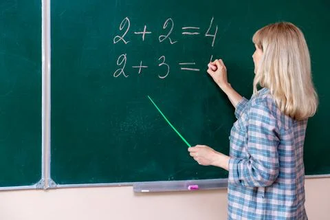 Back to school. The professor solves the problem at the blackboard Stock Photos