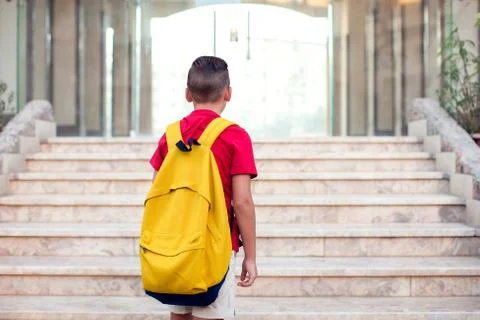 Back to school. Pupil boy with backpack going to school Foto stock
