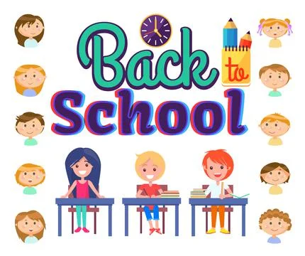 Back to School, Pupils Sitting at Table Vector Stock Illustration
