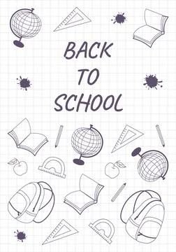 Back to school quotes with school supplies in doodle style. Stock Illustration