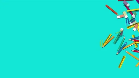 Back to School Realistic 3D Rendering, Pencil, Easer, Scale and Pins are Falling Stock Footage 195942128