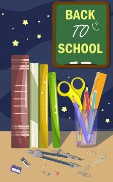 Back to School, Realistic vector of subjects to study. Blue background, App.. Stock Illustration