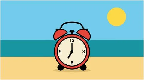 Back to School Red analog alarm clock set to seven o'clock on a sunny sandy.. Stock Illustration