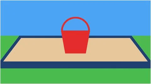 Back to School Red bucket sitting in the middle of a sandbox with childhood.. Stock Illustration
