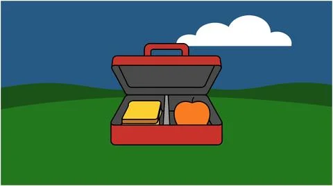 Back to School Red lunch box with sandwich and fruit in a landscape lunchbo.. Stock Illustration