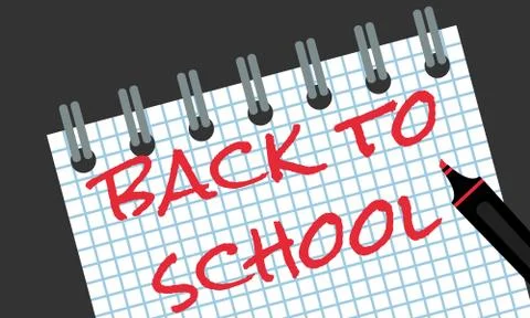 Back to school - red marker text in checkered notepad, flat style vector bann Illustrazione stock