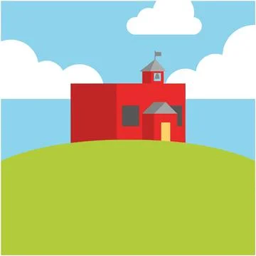 Back to School Red school building on green hill with clouds building educa.. Stock Illustration