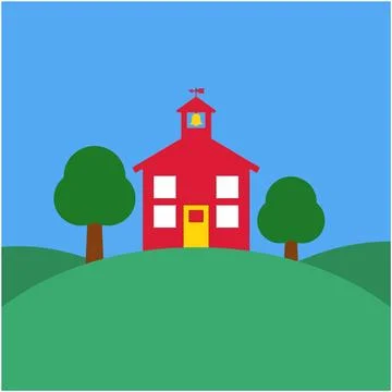 Back to School Red school building on a hill with green trees under blue sk.. Stock Illustration