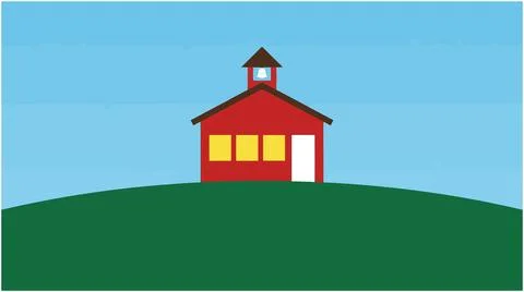 Back to School Red schoolhouse on green hill with bright and bell tower sch.. Stock Illustration