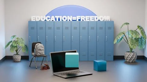 Back to school render with lockers, laptop, plants, and Education Freedom quo 스톡 일러스트