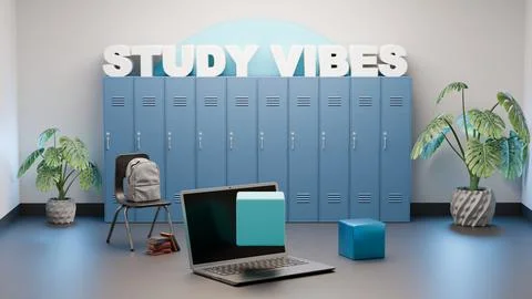 Back to school render with lockers, laptop, and Study Vibes glowing phrase Stock Illustration