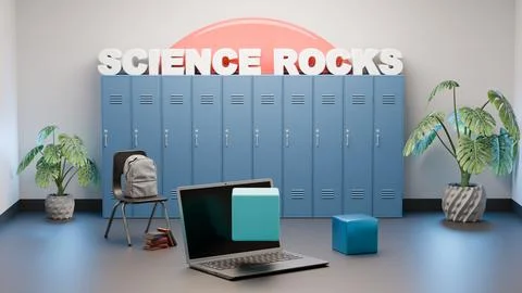 Back to school render with lockers, laptop, and Science Rocks motivational te Stock Illustration