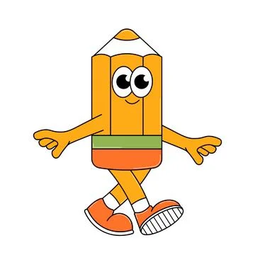 Back to school retro character. Cute walking pencil. Funky groovy sticker o.. Stock Illustration