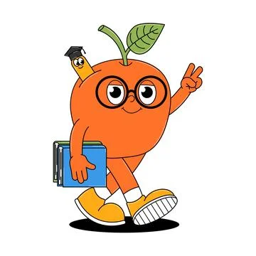 Back to school retro character. Cute walking apple in glasses with books an.. Stock Illustration