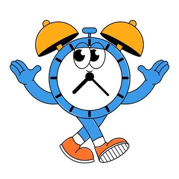 Back to school retro character. Cute walking alarm clock. Funky groovy stic.. Stock Illustration