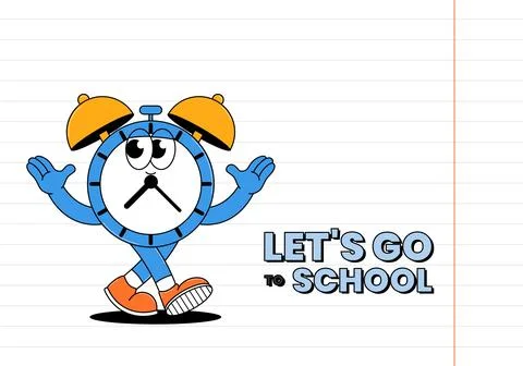 Back to school retro character. Let's go to school. Cute walking alarm cloc.. Stock Illustration